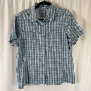 LL Bean Fishing Shirt Men's Large Blue Plaid Button Up Short Sleeve Cargo Pocket